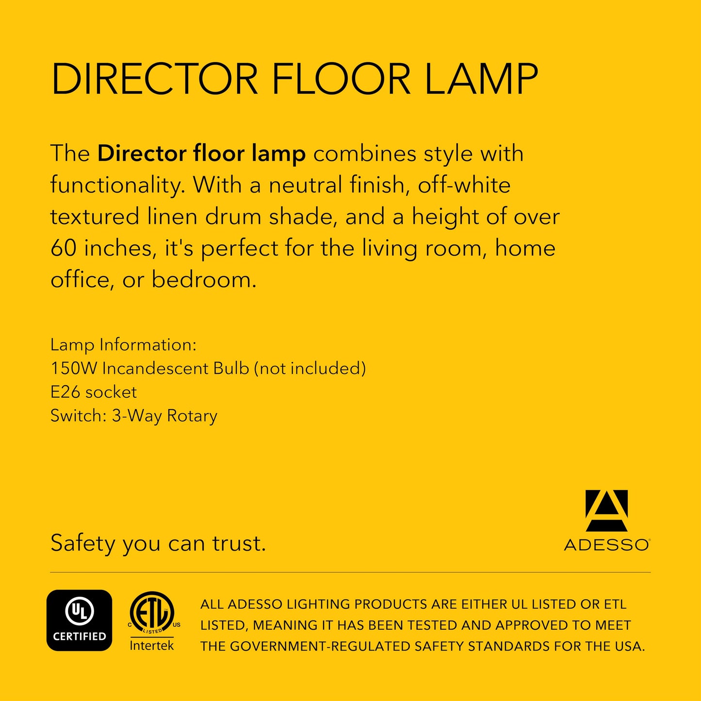 Adesso Floor Lamp with Natural Oak Veneer and Off-White Fabric Lampshade – 3-Way Adjustable Brightness, Lamp for Bedroom, Living Room, and House Décor, 60.25” x 21”