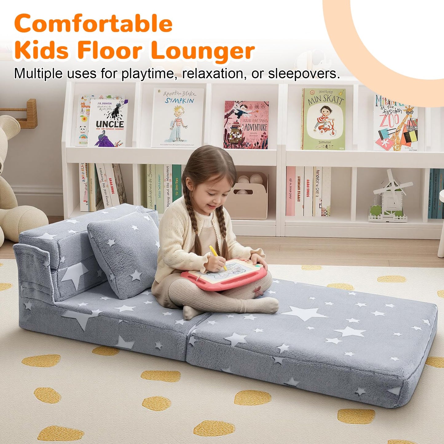 MeMoreCool Kids Tri-Fold Sofa Bed – Glow Star Floor Mattress & Foldable Futon Chair Convertible Toddler Couch | Soft Plush Lounge Mat | Playroom Furniture | Includes Pillow