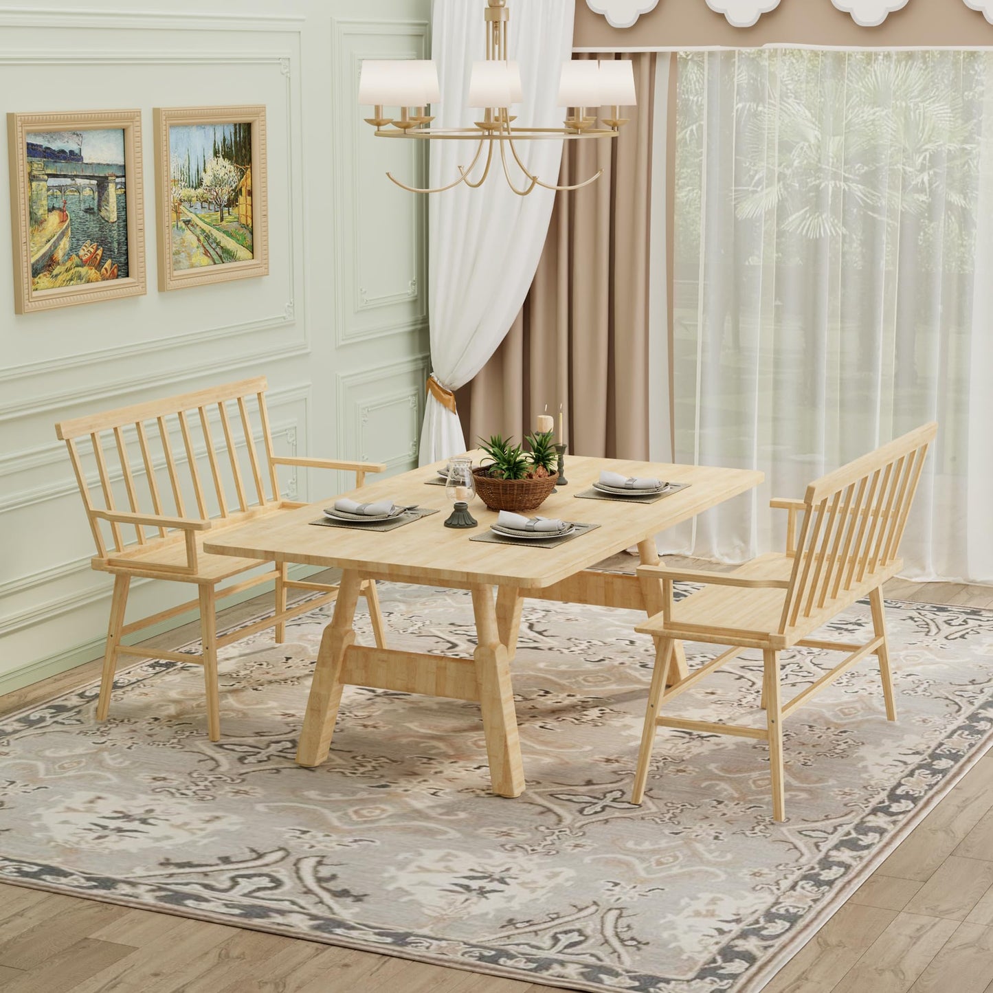 APRTAT Bamboo Entryway Bench, Farmhouse Dining Bench with Spindle Back & Armrest 3 Person Indoor Bench Chair Wood Windsor Bench Durable Easy Assembly for Foyer Balcony Hallway Living Room (Natural)