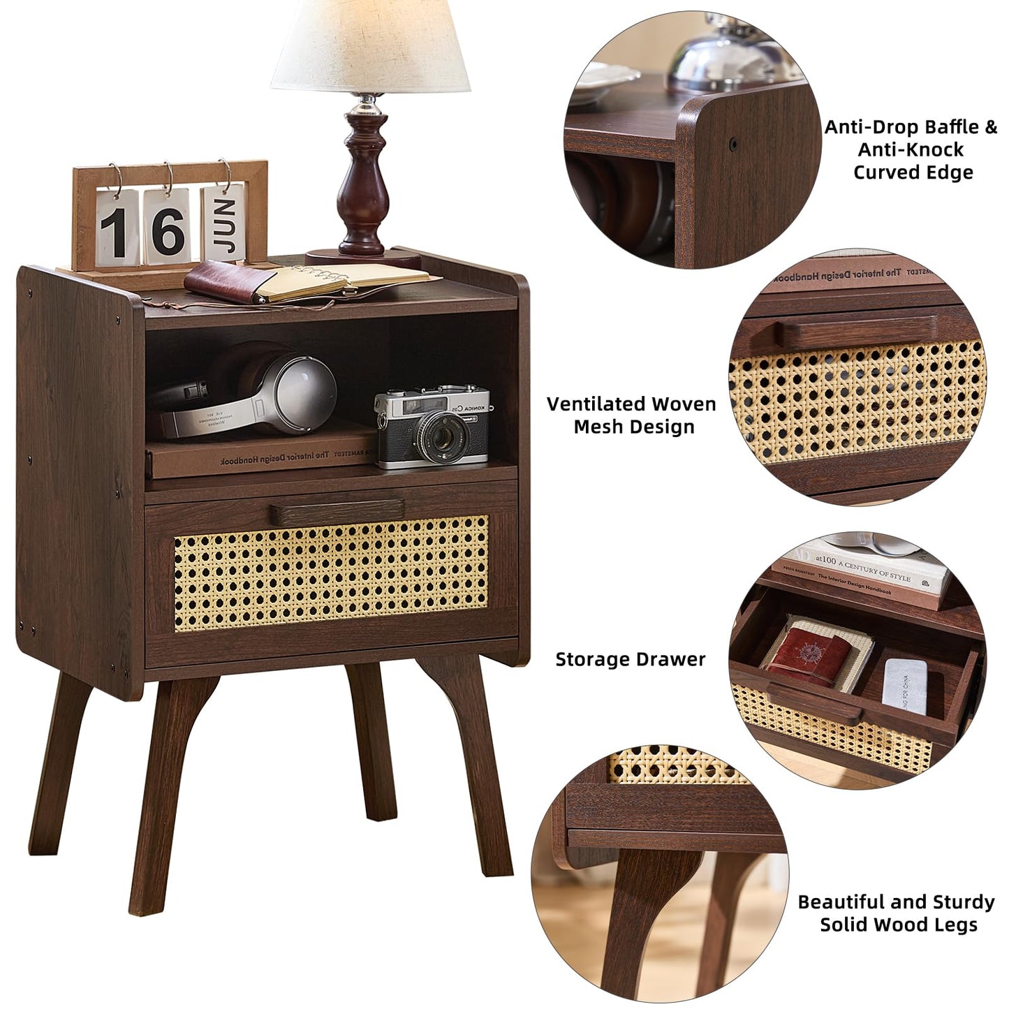 Lerliuo Rattan Nightstand, Bedside Table with Drawer Open Shelf, Cane Accent Side End Table with Solid Wood Legs, Walnut Vintage Night Stand for Bedroom, Dorm and Small Spaces