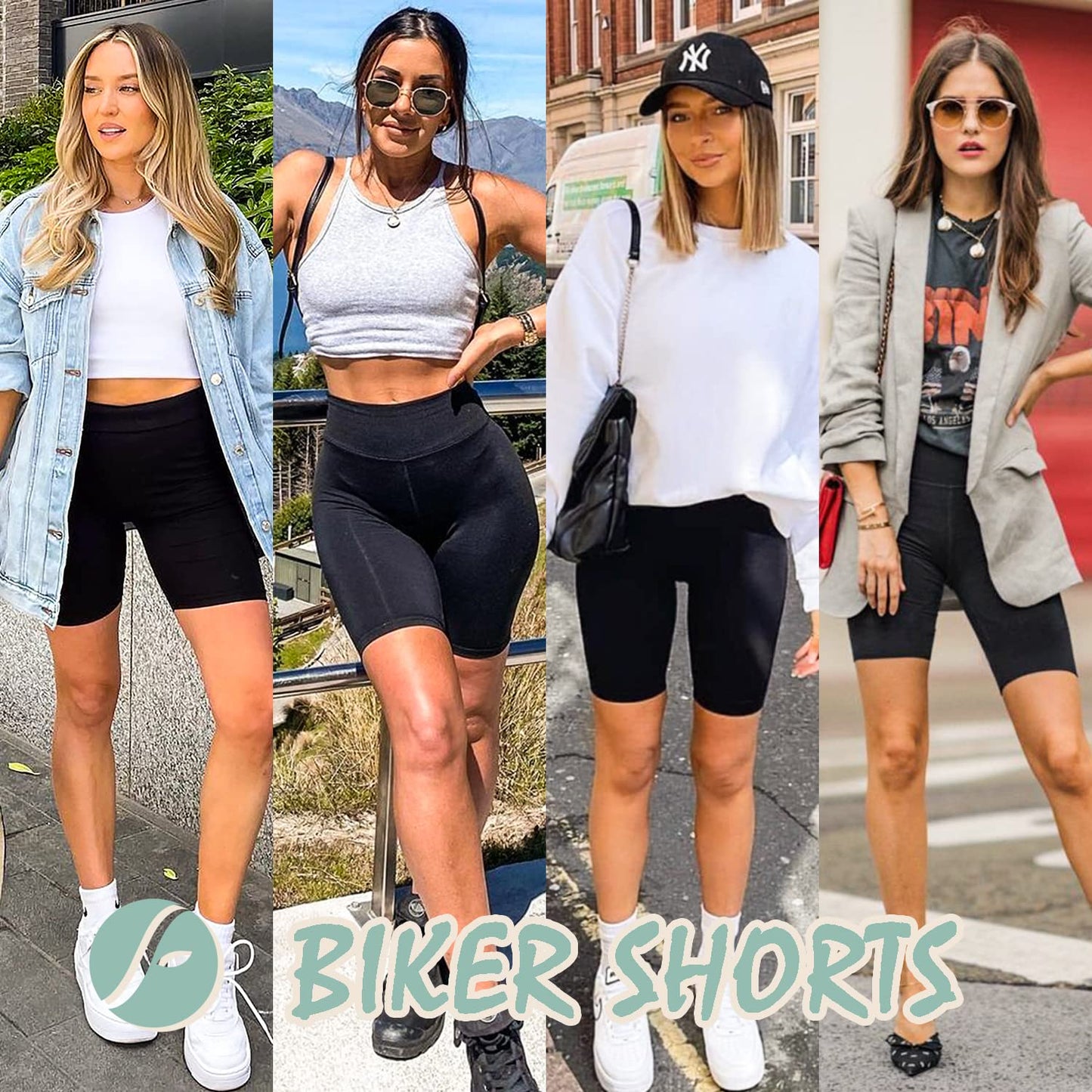 FULLSOFT 4 Pack Biker Shorts for Women – 8" High Waist Tummy Control Workout Yoga Running Compression Exercise Shorts with Pockets(4 Pack Black/Navy Blue/Grey/Pink,Large-X-Large)