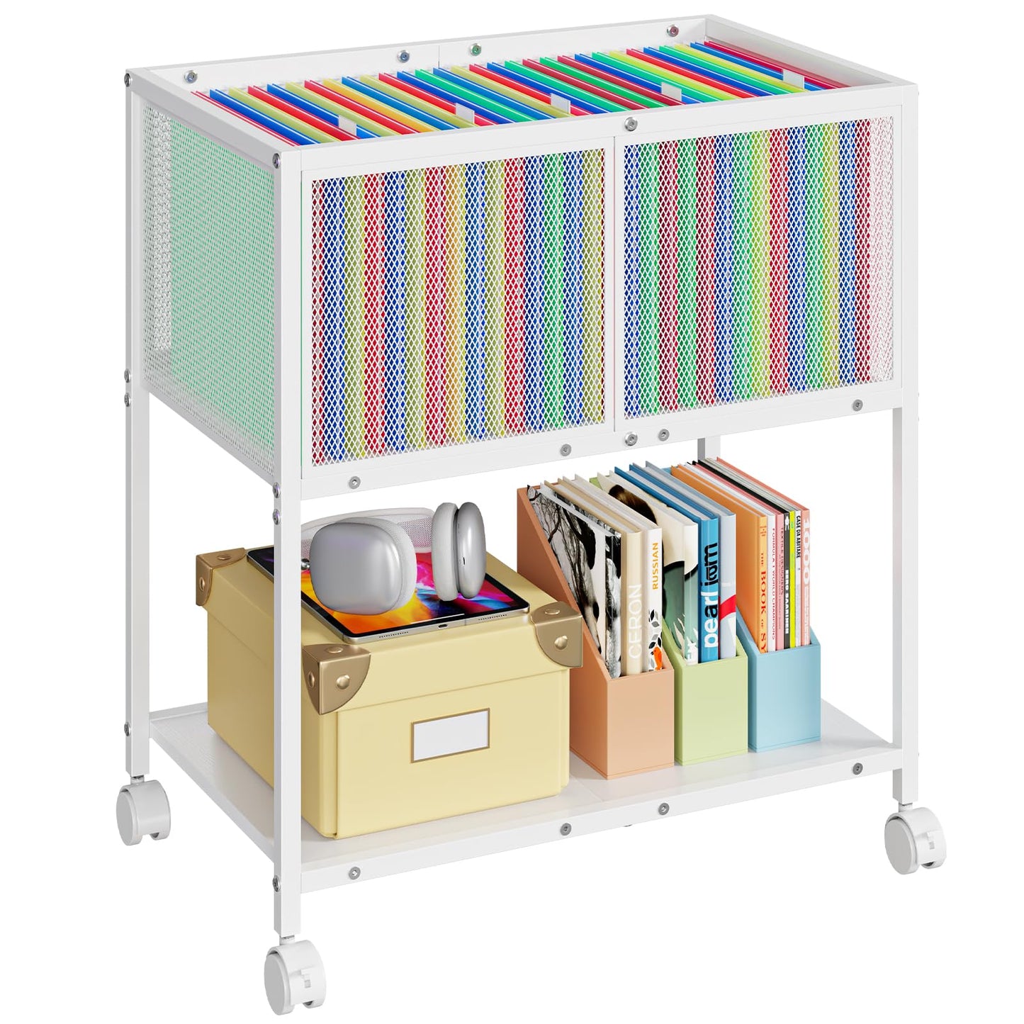 Sbanmao Rolling File Cart, Mobile File Cabinet with Wheels Hanging Files, Metal Hanging File Folder Cart File Organizer Fit Letter Size for Home Office, White