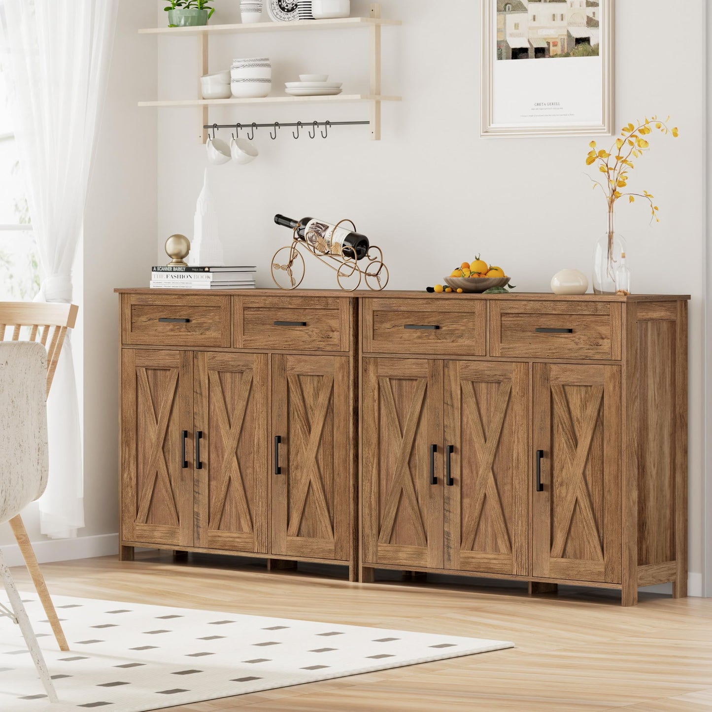 Homhedy Sideboard Buffet Cabinet, Coffee Bar Storage Cabinet with Drawers and Doors, Farmhouse Kitchen Cabinet with Adjustable Shelves, for Kitchen, Dining Room, Living Room, Rustic Walnut