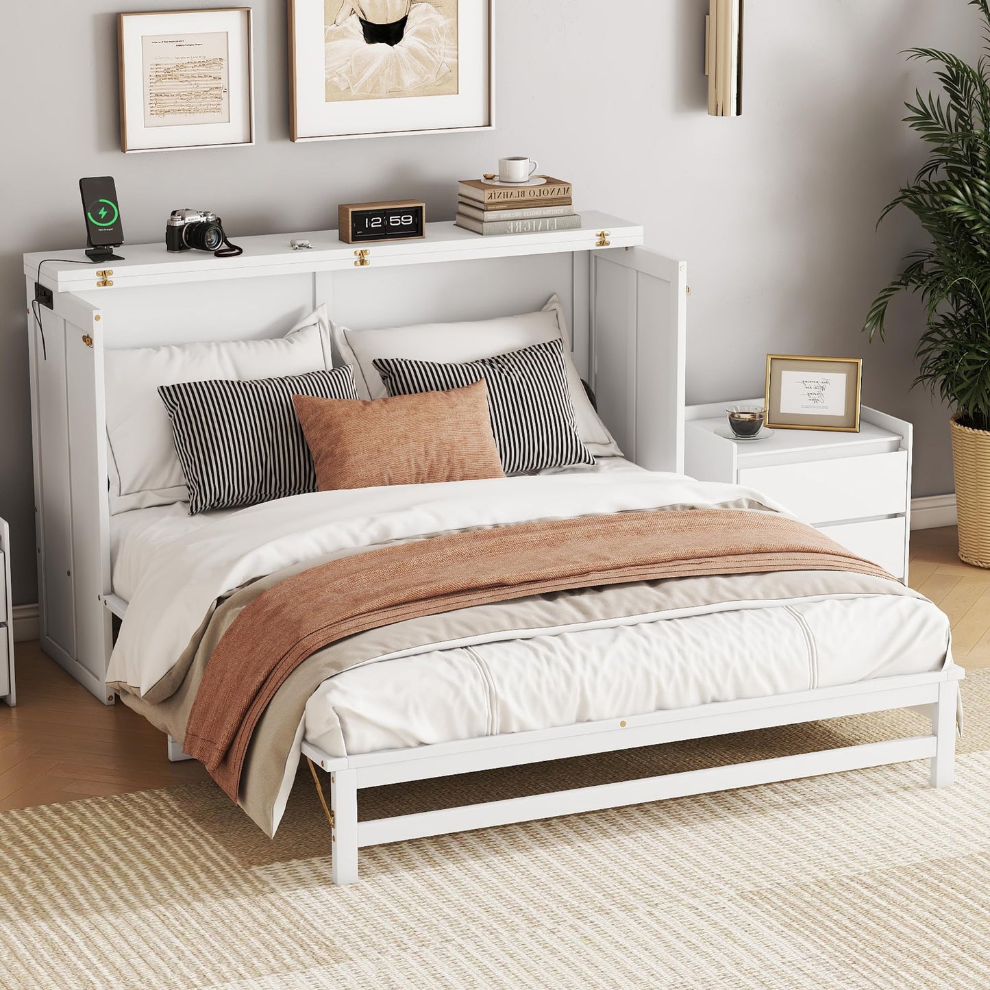 KEIKI Queen Murphy Bed Cabinet with Storage Drawer and Charging Station, USB Port, Solid Pine Murphy Bedframe for Home Office, Studio or Guest Room,White