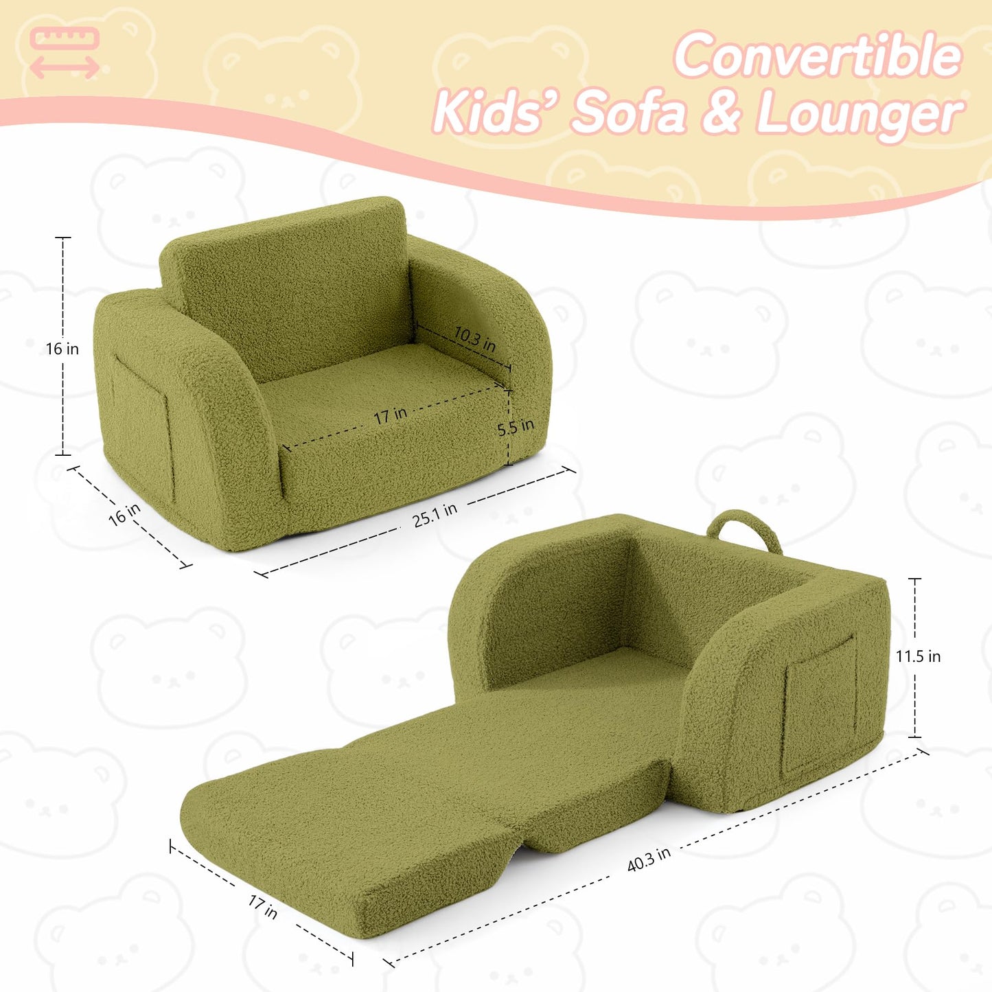Toddler Couch, 2-in-1 Toddler Chairs Comfy 1-3 Years Old, Toddler Chair for Girls and Boys, Kids Couch Bed Fold Out, Convertible Baby Sofa to Lounge Chair for Playing, Reading, Napping, Green