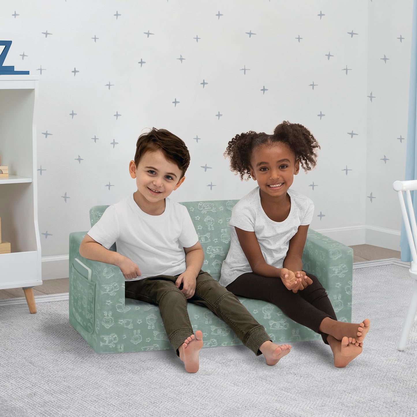 Delta Children - Serta Perfect Sleeper Kids 2-Seater Sofa, Convertible 2-in-1 Flip Open Toddler Couch Sleeper, Foam Chair for Playroom & Bedroom, Bed Lounger, Comfy Play Sleeping Lounge Chair, Sage