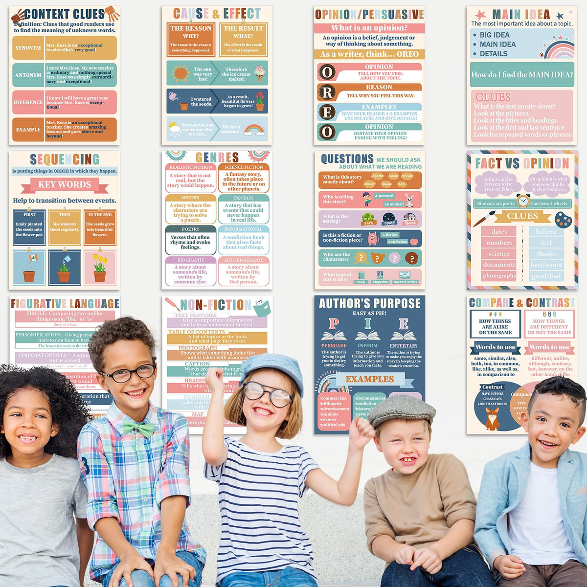 QOUBAI Reading Comprehension Classroom Posters English Language Arts Bulletin Board Chart Decor Reading Corner Posters for Everyone Elementary Middle High School Wall Decor Classroom Must Haves