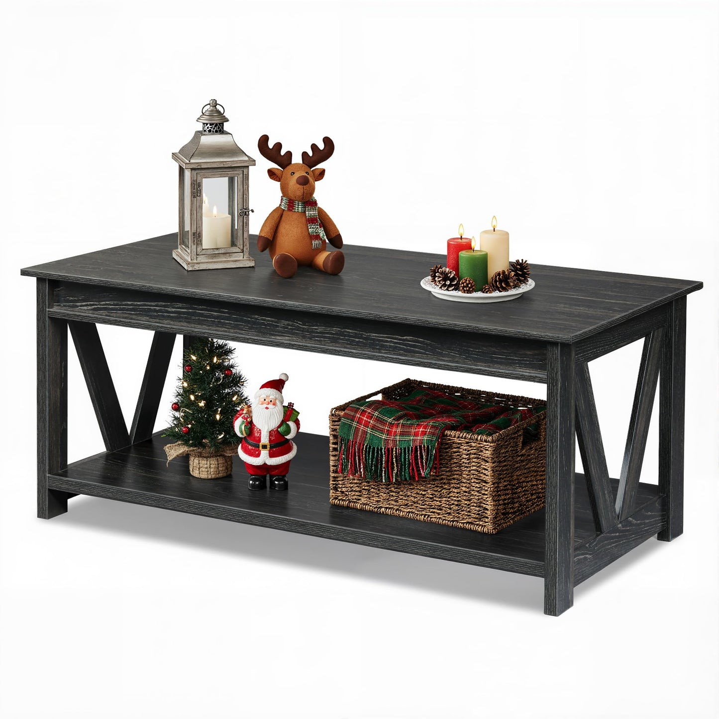 WLIVE Coffee Table, 43" Farmhouse Coffee Table with Storage Shelf & Sturdy V-Shaped Support, Wood Center Table for Living Room, Bedroom, Office and Balcony, Black