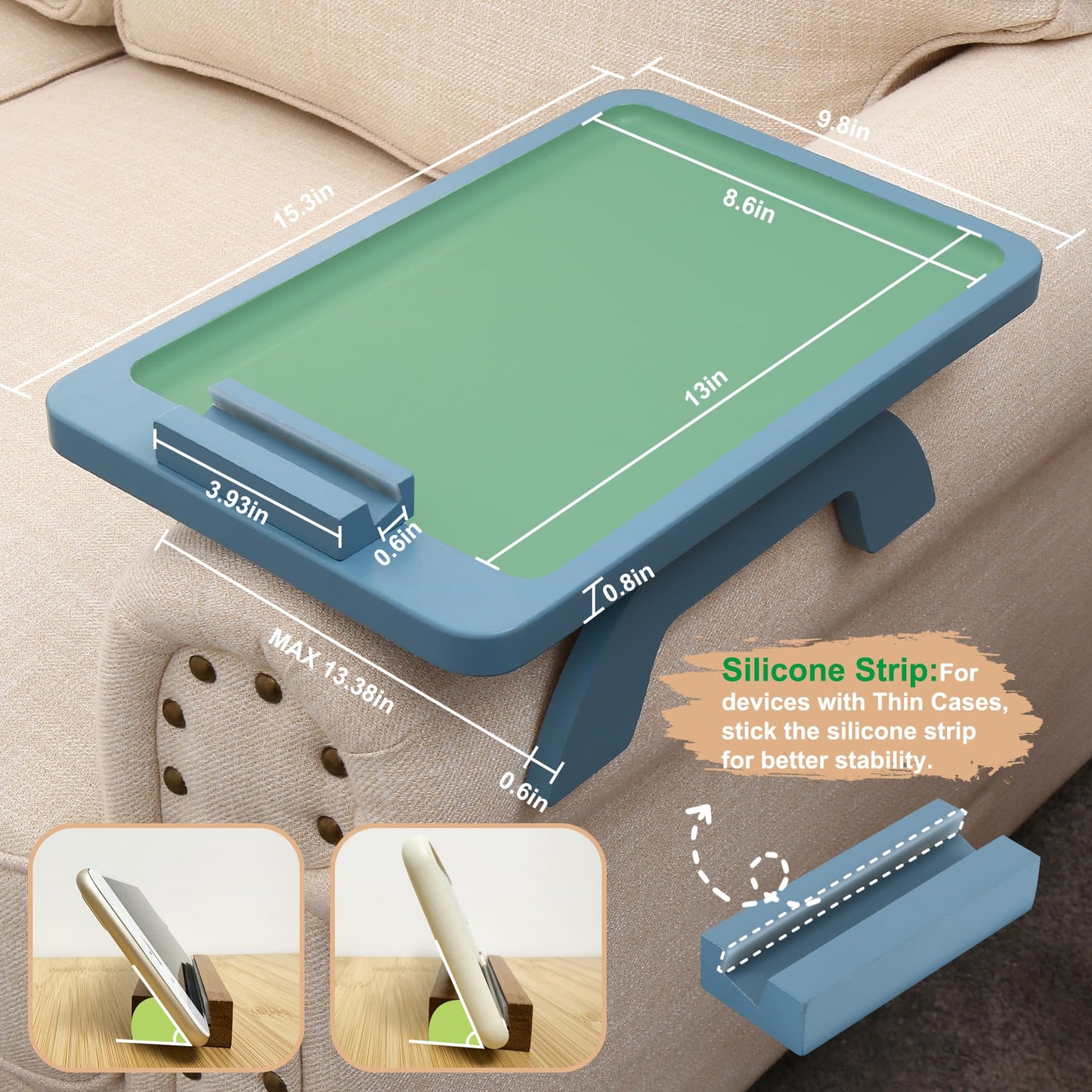 SINWANT Couch Arm Tray, Bamboo Sofa Clip on Tray Tables with 360° Phone Holder,Folding Anti Slip Couch Armrest Table for Snacks,Drinks,Remotes 15.35"x9.85"