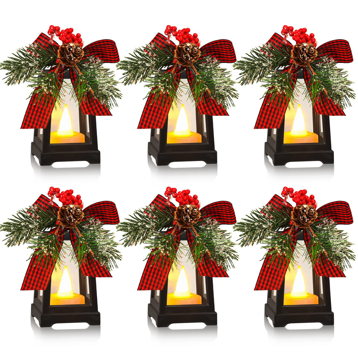 Set of 6 Christmas Mini Decorative Lanterns with Flickering LED Flameless Candle Hanging Lantern Decoration Bulk with Buffalo Plaid Bow Battery Included for Xmas Party (Red Plaid Bow)
