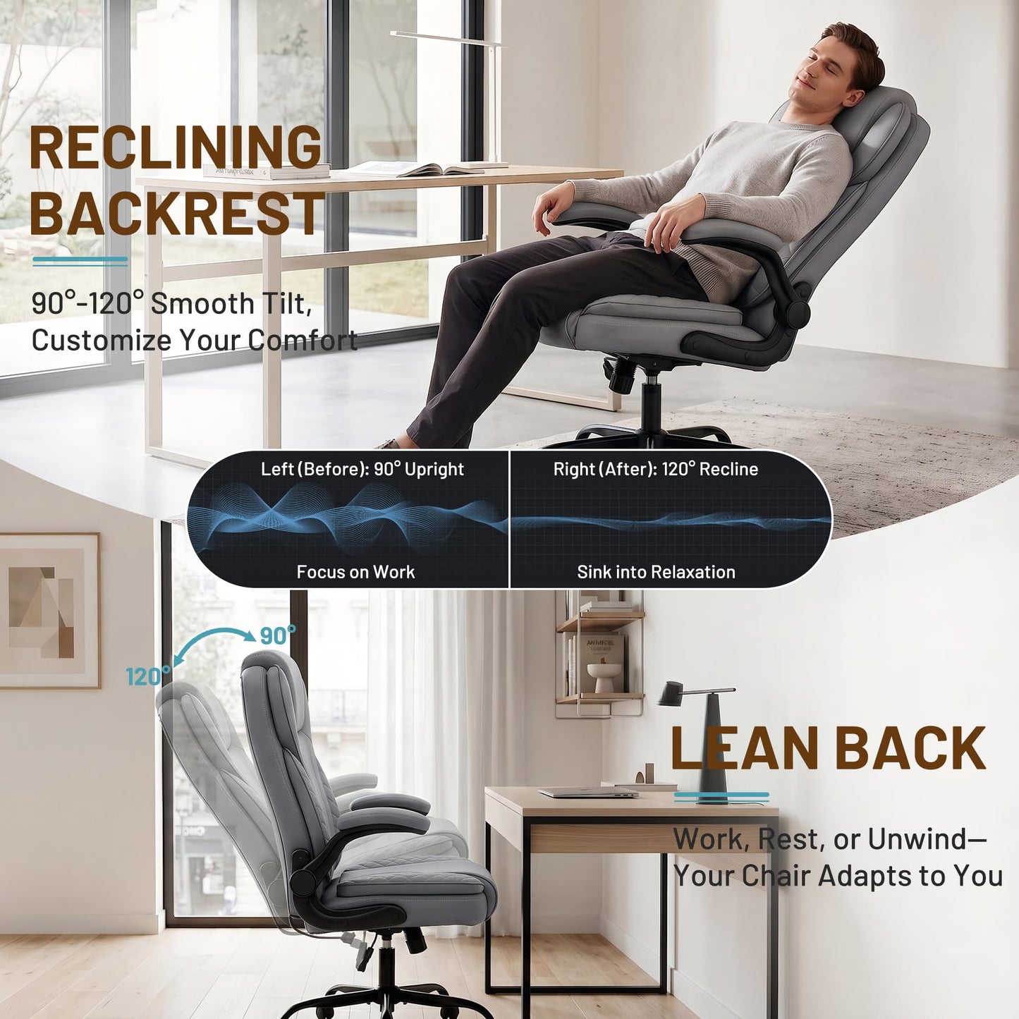 Hayelf Ergonomic Office Chair, PU Leather High Back Executive Chair with Adjustable Inflatable Lumbar Support and Padded Flip-Up Arms, Recline Swivel Task Computer Chair for Home Office, Gray
