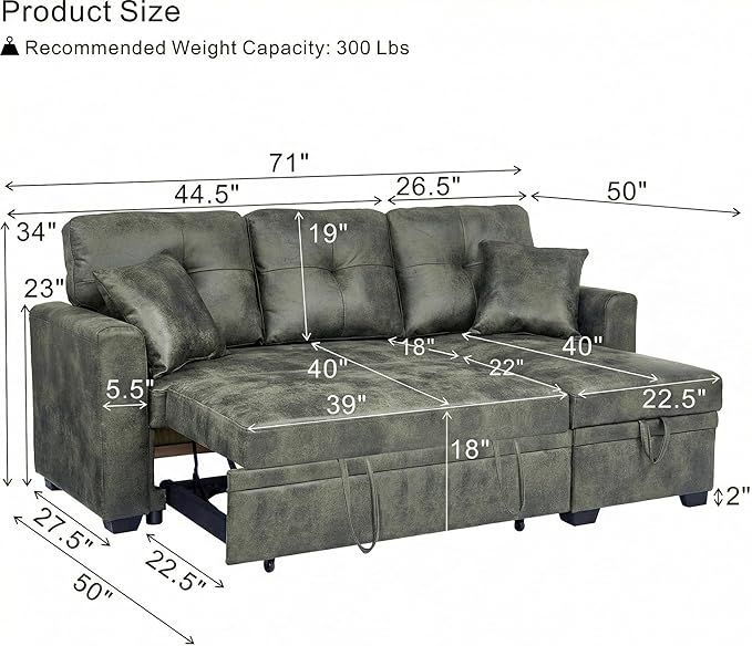 L Shaped Sectional Couch with Storage and Pull Out Bed, 3 Seater Sleeper Sofas