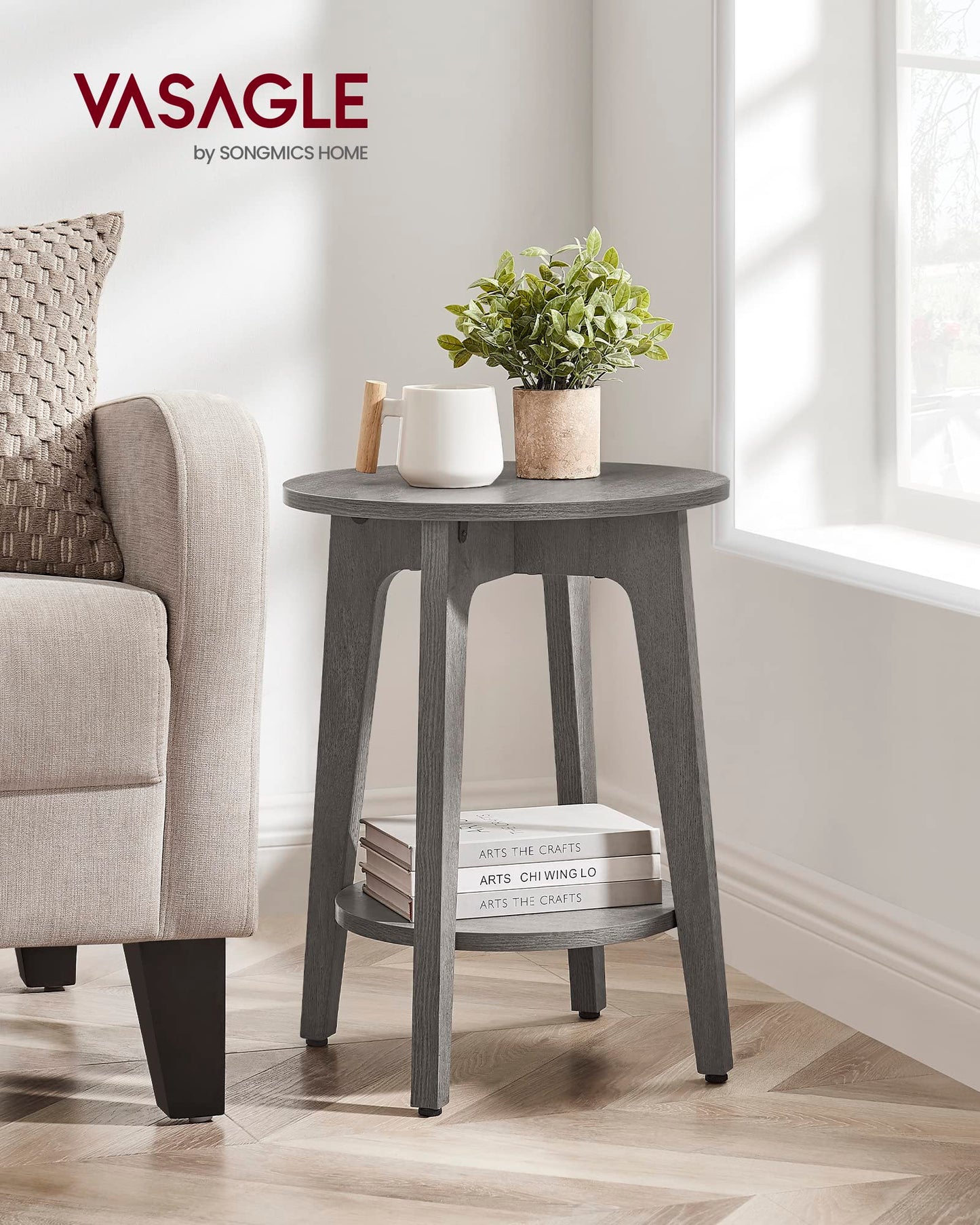 VASAGLE MAEZO Collection - Side Table, 2-Tier Small Round End Table, Nightstand with Tapered Legs, Curved Transitions, for Small Spaces, Living Room, Bedroom, Smoky Gray ULET283T68