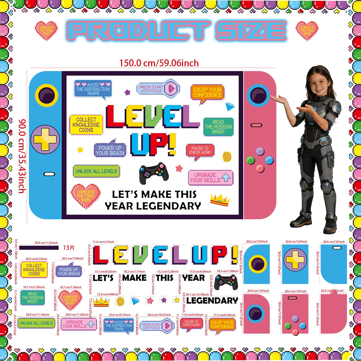 Video Game Growth Mindset Bulletin Board Decorations Set with Borders Level up Motivational Cutouts Decor for Teachers Back to School Bulletin Board for Class School Classroom Chalkboard Wall Decor