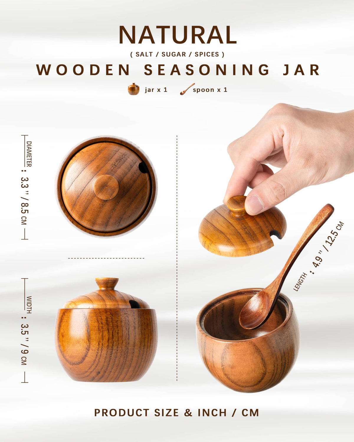 Hefild Jujube Wood Salt Container for Countertop, 6 Ounces Capacity Salt Cellar with Lid and Spoon, 3.3x3.5 inch Salt Box, Unique Salt Holder for Kitchen, Elegant Wooden Salt and Pepper Bowl