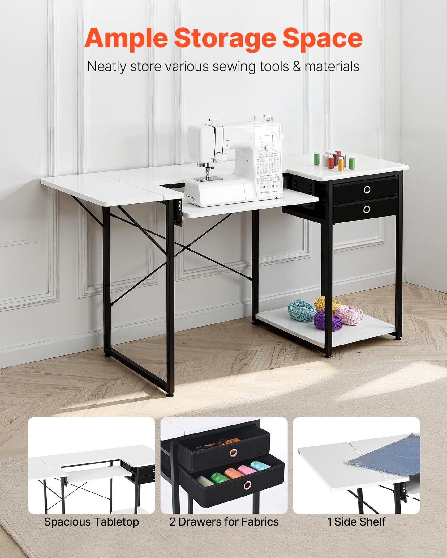 VEVOR Sewing Table, Multipurpose Sewing Machine Table with Foldable Side Shelf, Adjustable Shelf, Steel Legs, Computer Desk for Home, Fashion Studio, Art Studio, Educational Institution, White