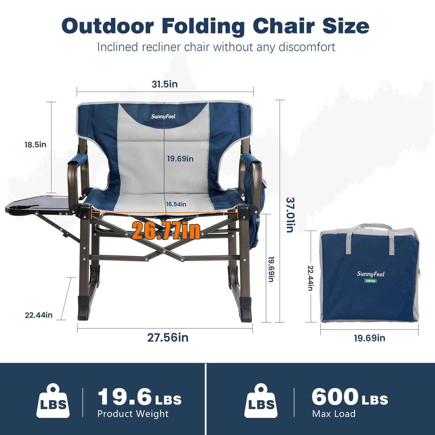 SUNNYFEEL Oversized Camping Directors Chair Blue Portable Folding Chair for Adults Support 600lbs with Side Pocket and Side Table for Beach, Fishing, Trip, Picnic, Lawn, Outdoor Foldable Camp Chairs