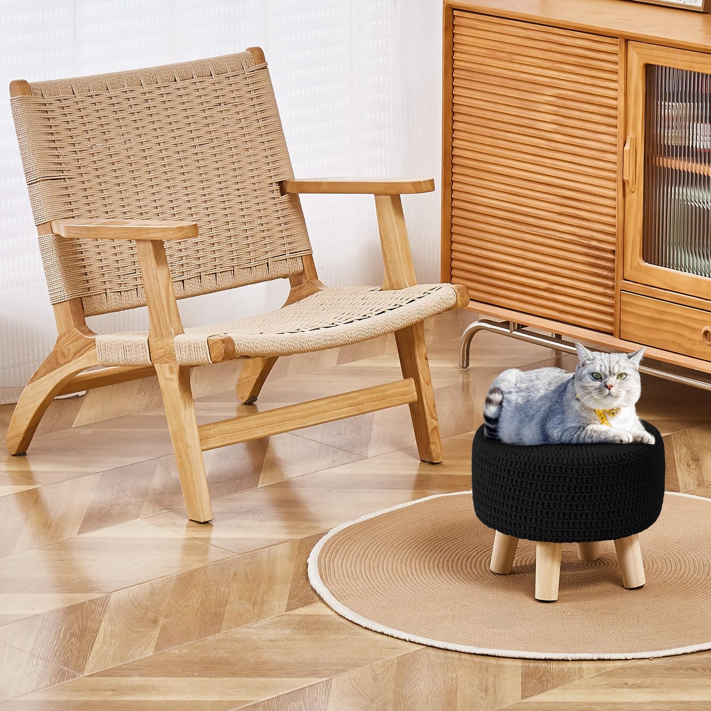 Wimarsbon Small Ottomans, 100% Hand Knitted Pouf Ottoman, Round Footrest with 4 Non-Skid Wood Legs, Boho Décor Cotton Rope Pouffe, Leisure Floor Step Chair for Living Room (Black)