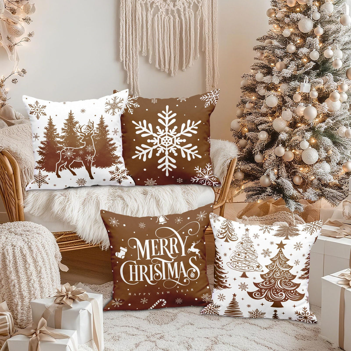 Lanpn Christmas Throw Pillow Covers 18x18 Set of 4, Merry Christmas Winter Xmas Snowflake Decorative Holiday Cushion Pillow Cases 18 x 18 for Outdoor Indoor Farmhouse Home Room Couch Decor (Brown)