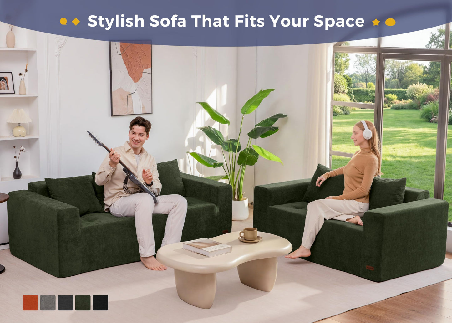 MAXYOYO Modular Sofa Couch, 61" Loveseat Boneless Cloud Couch with Deep Seat, Chenille Upholstered Living Room Comfy Sofa Chair for Living Room, No Assembly Required, Dark Green