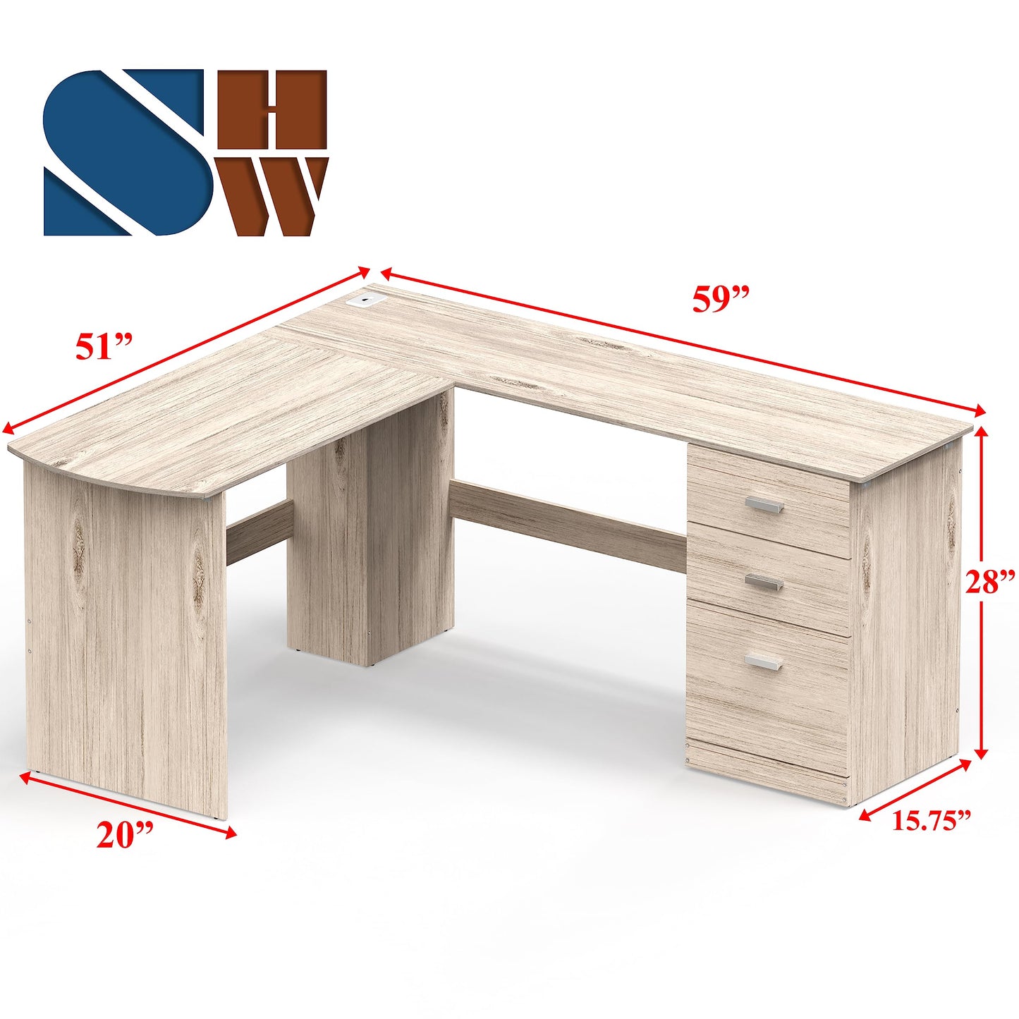 SHW 51 x 59 Inches L-Shaped Home Office Wood Corner Desk with Box Box File Drawers, Maple