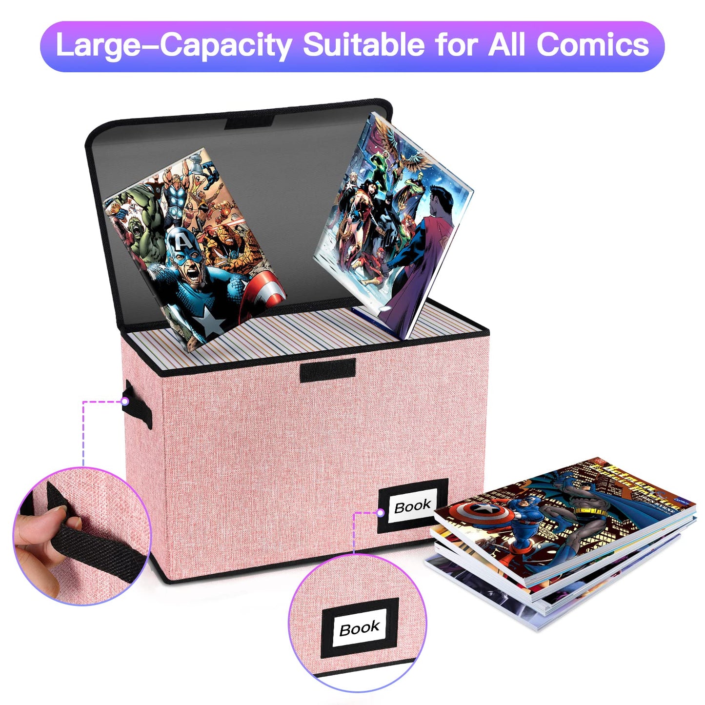 YNSZAS 2 Pack Comic Book Storage Box, Comic Protector Organizer, 15.8" X 7.8" X 11.8", Collapsible Comic Short Box, Holds 160-180 Comic Book Container Holder Shelf Bin (Pink)