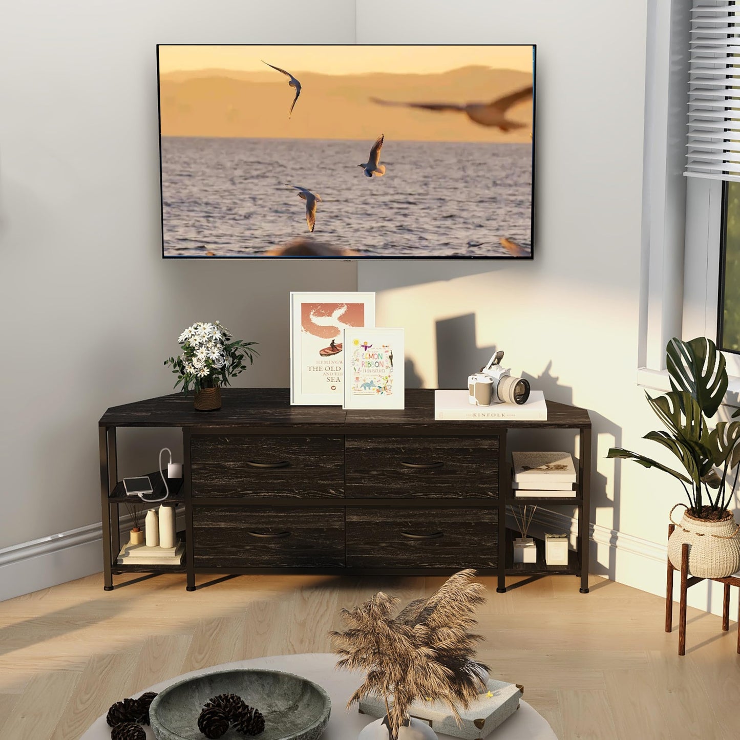 EXOTICA Corner TV Stand for 55 inch TV with Drawer and Charge Station Black Corner Entertainment Center for Living Room Modern Corner Console Table with 4 Open Storage Shelves Metal Frame