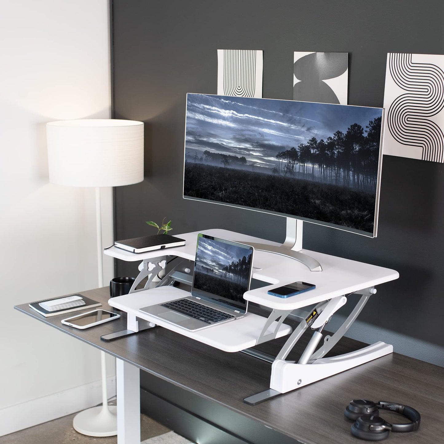 VIVO 36 inch Height Adjustable Stand Up Desk Converter, V Series, Quick Sit to Stand Tabletop Dual Monitor Riser Workstation, White, DESK-V000VW