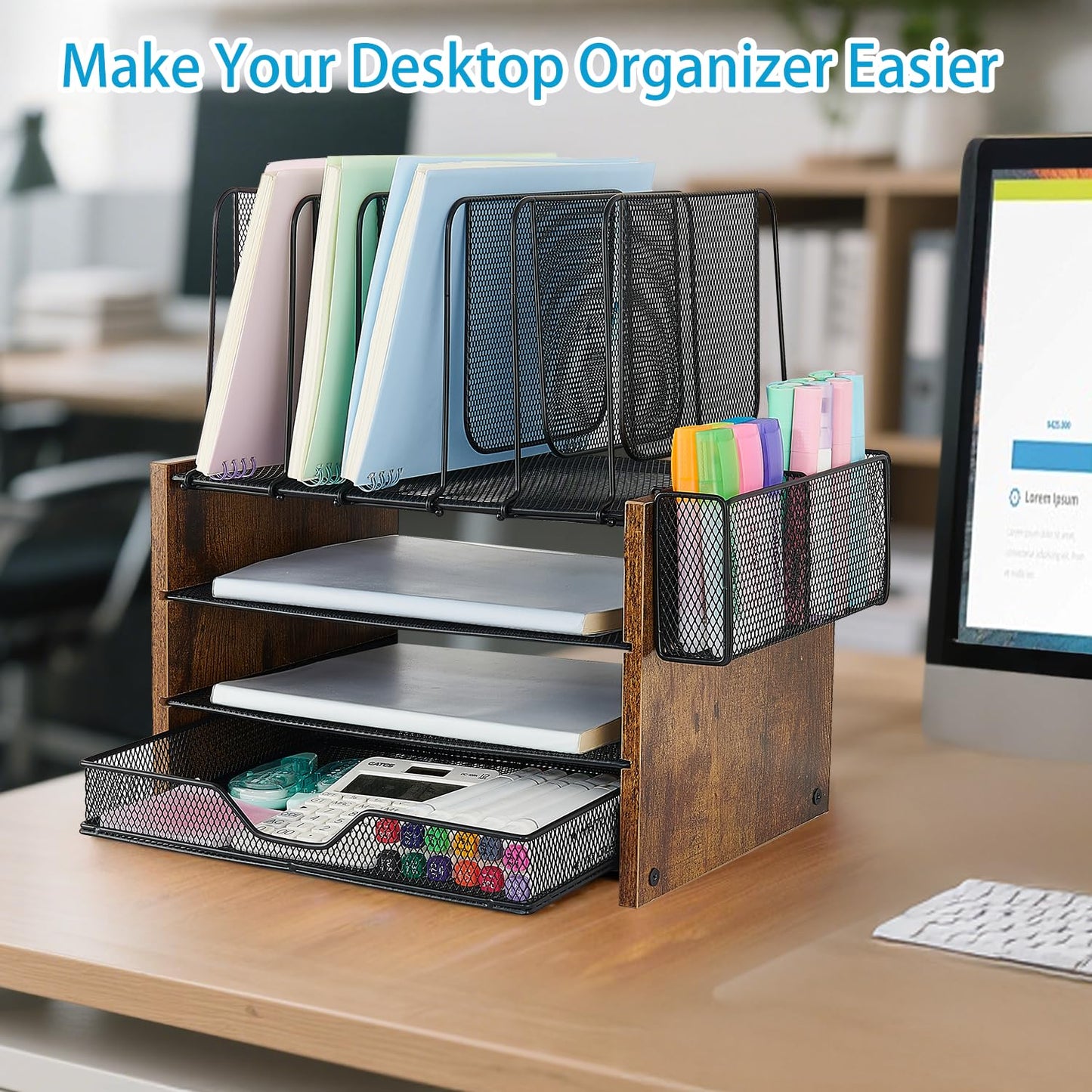 OPNICE Desk Organizer, 4-Tier Desktop File Organizer with Drawer and 2 Pen Holders, Office Desk Accessories, Workspace Organizers for Office Supplies(Brown Wood)