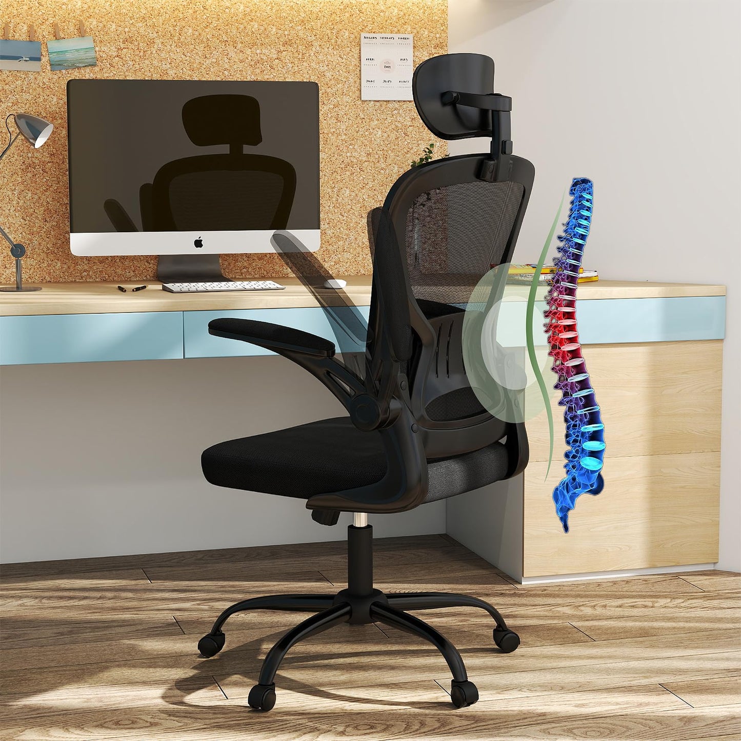ralex-chair Ergonomic Office Chair with Adjustable Headrest & Lumbar Support, Computer Desk Chair with Flip-Up Armrests, Comfortable for Home, Office, Conference Room