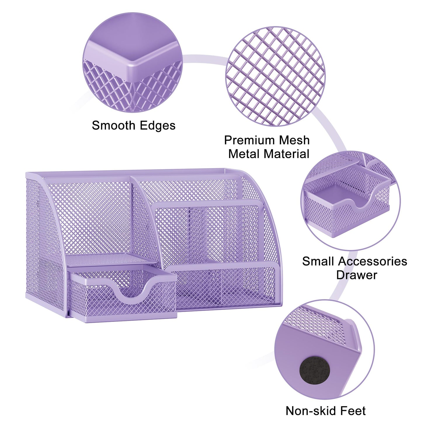 EasyPAG Mesh Desk Organizer with Drawer Multi-functional Pen Holder Stationery Organizer for Office School Supplies 6 Compartments Dorm Organizers and Storage for Desk, Light Purple