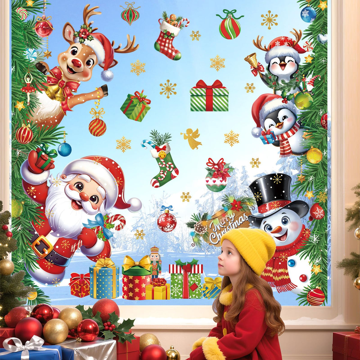 wondever 3D Christmas Santa Claus Reindeer Wall Stickers Snowman Penguin Snowflakes Peel and Stick Wall Art Decals for Window Xmas Home Party