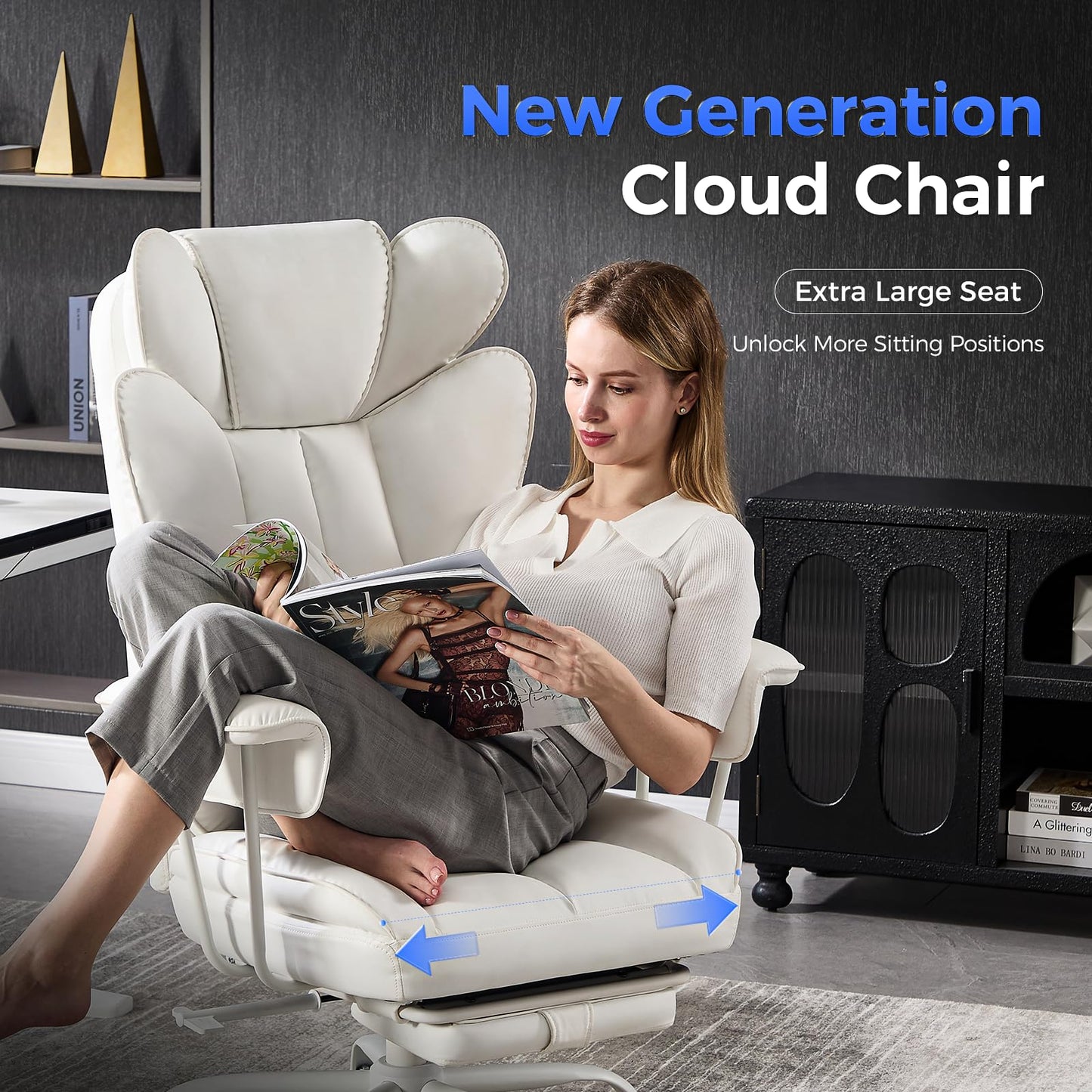 LukkDys Big and Tall Office Chair,High Back Leather Gaming Chair with Footrest,Lumbar Support,Outward Fixed Soft Armrests,Wide Ergonomic Desk Chair (White)