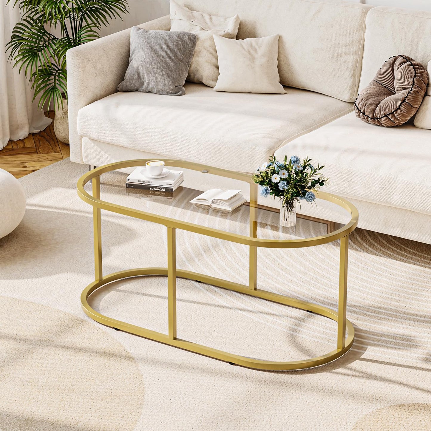 Coffee Table Gold Glass Coffee Tables for Living Room, Oval Table Center Table with Sturdy Metal Frame,Modern Tempered Glass Accent Tables for Bedroom Home Office
