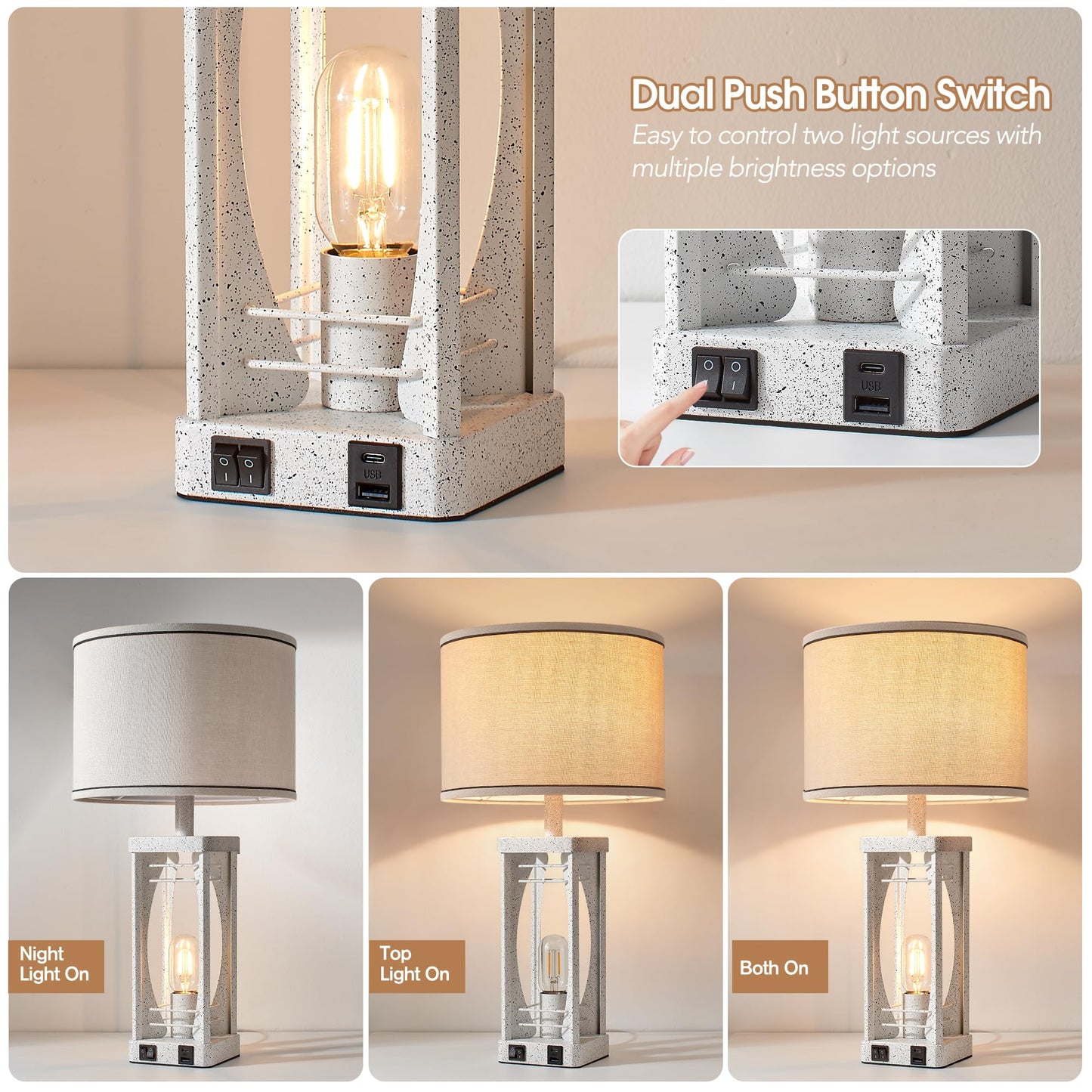SRJJA Farmhouse Table Lamps Set of 2 for Living Room, Modern Industrial Bedside Lamps with USB A+C Charging Ports, 22.5" Dual Light Nightstand Lamp with Linen Shade for Bedroom End Tables