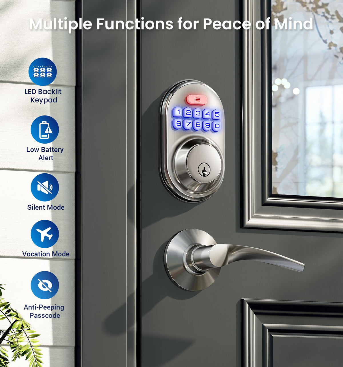 Veise Keyless Entry Door Lock with 2 Lever Handles - Electronic Keypad Deadbolt, Auto Lock, Back Lit & Easy Installation Design, Front Door Handle Sets, Satin Nickel