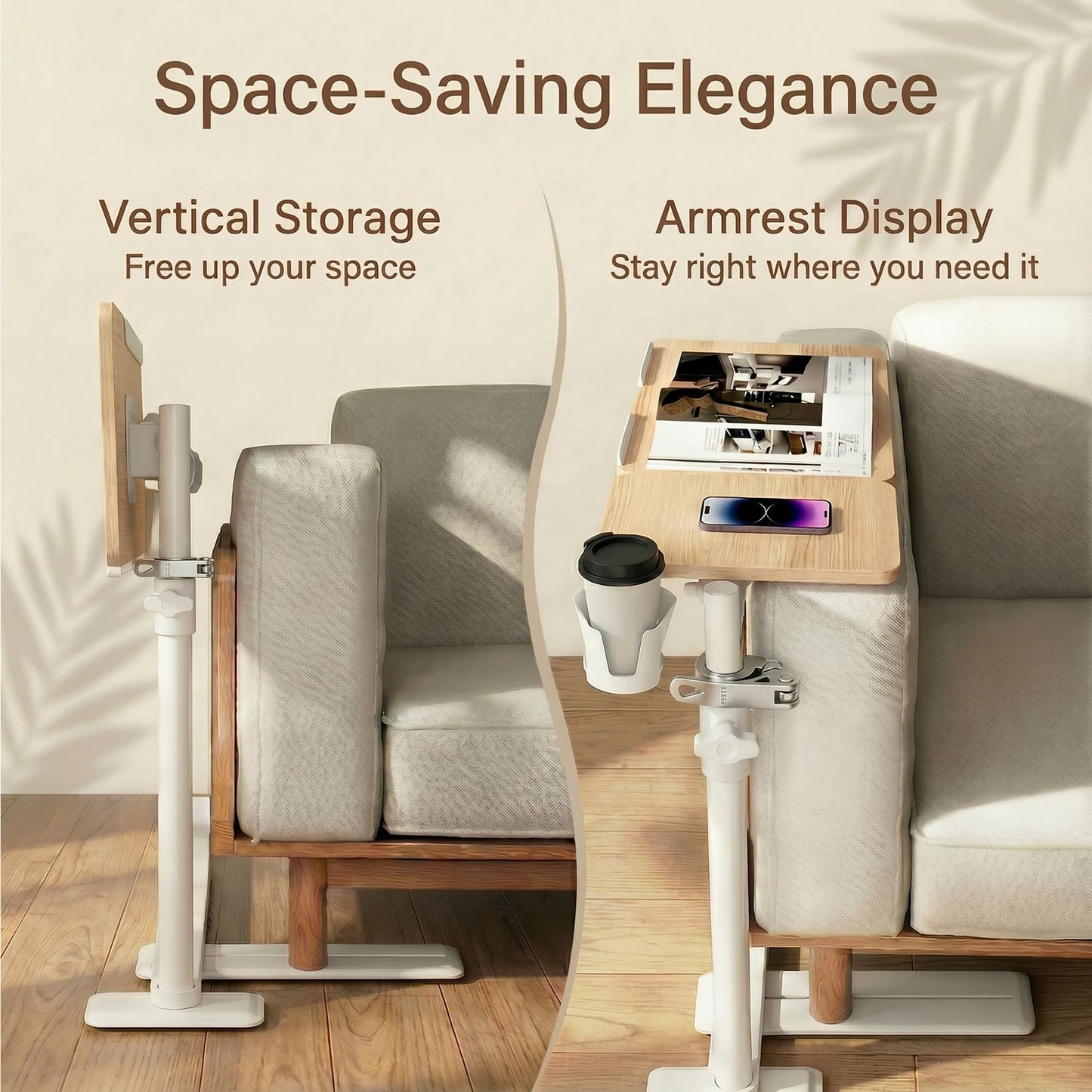 YUHFERA Swivel Table for Recliner Chair with Tilting Top, Adjustable Laptop Side Table for OverCouch & Sofa, Slide Under Tray Tables for Eating & Reading, Armchair Desk (Natural Oak)