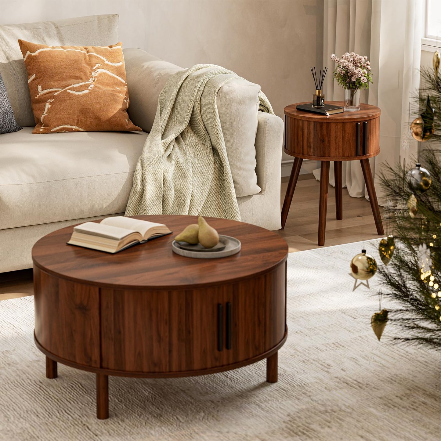 ZttRiee Side Table with Sliding Door & Cabinet, End Table for Living Room, Night Stand for Bedroom, Modern Bedside Table with Solid Wood Legs, Walnut