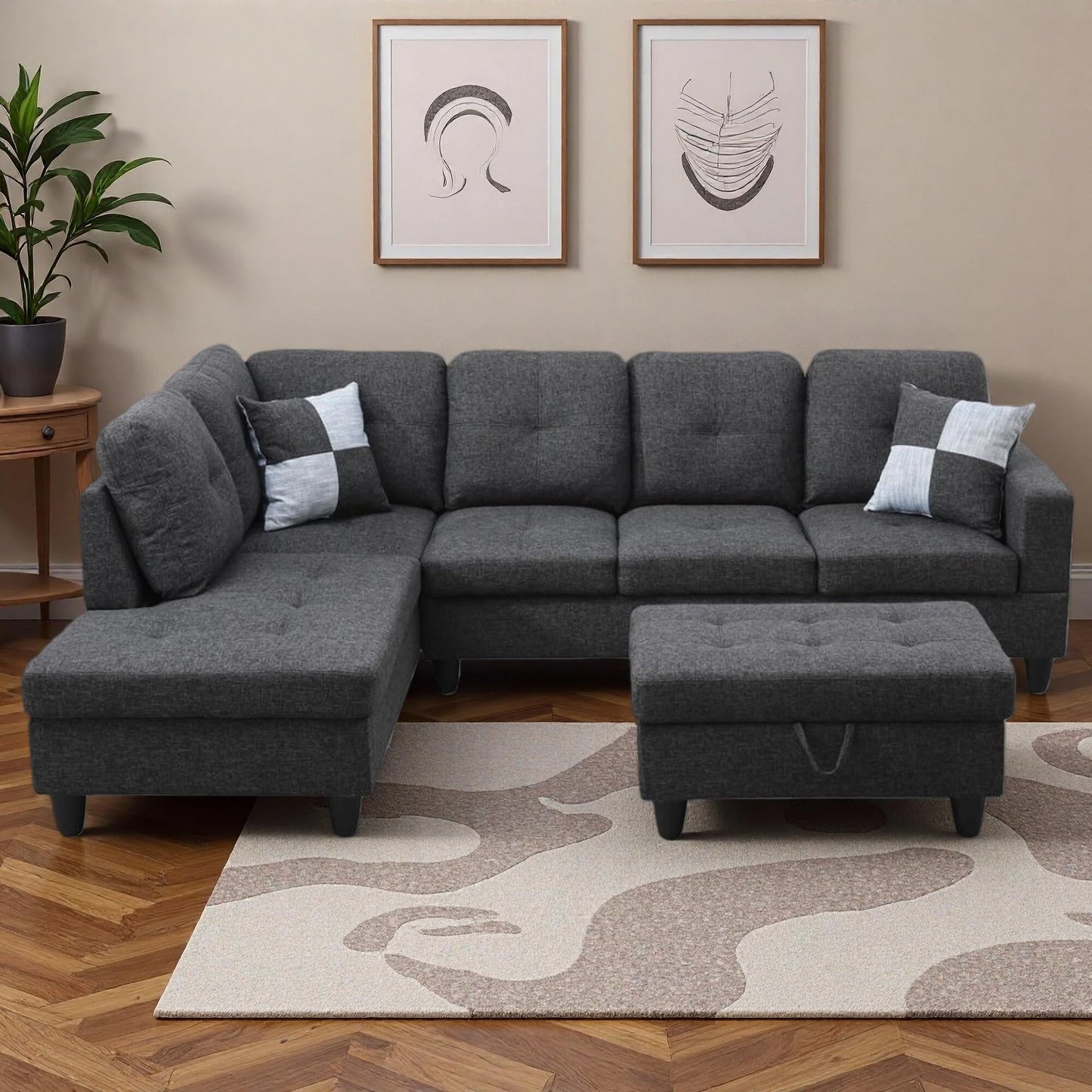 Trygoal 103.5" Sectional Couches for Living Room, Leather 4 Seat L Shaped Couch with Chaise, 3-Piece Modular Sofa with Storage Ottoman, Home Furniture Sets for Apartment Office, Black Grey