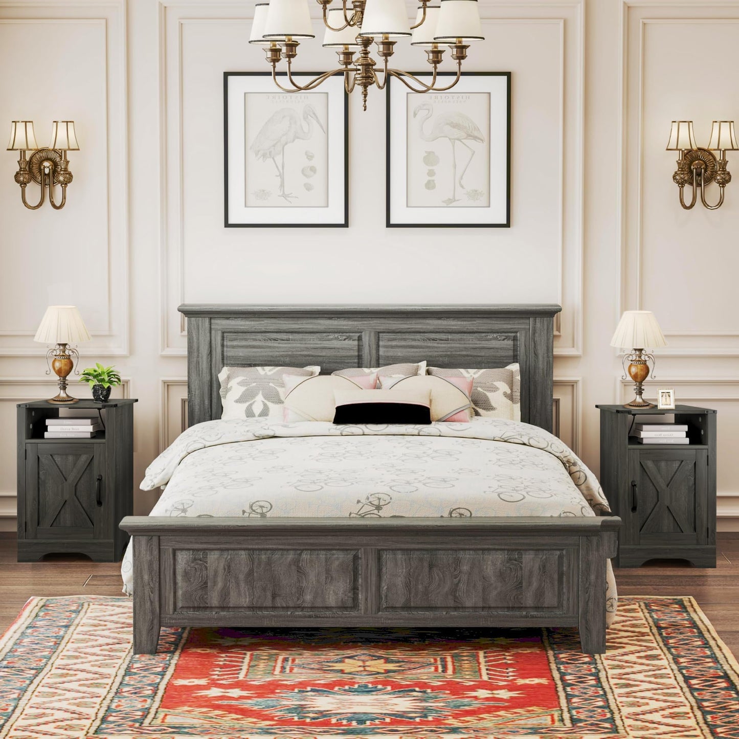 RoyalCraft Farmhouse Nightstand, End Table with LED Lights and Charging Station, Tall Bedside Table with Large Storage and Shelf, Wooden Side Table for Bedroom, Home Office, Dark Grey