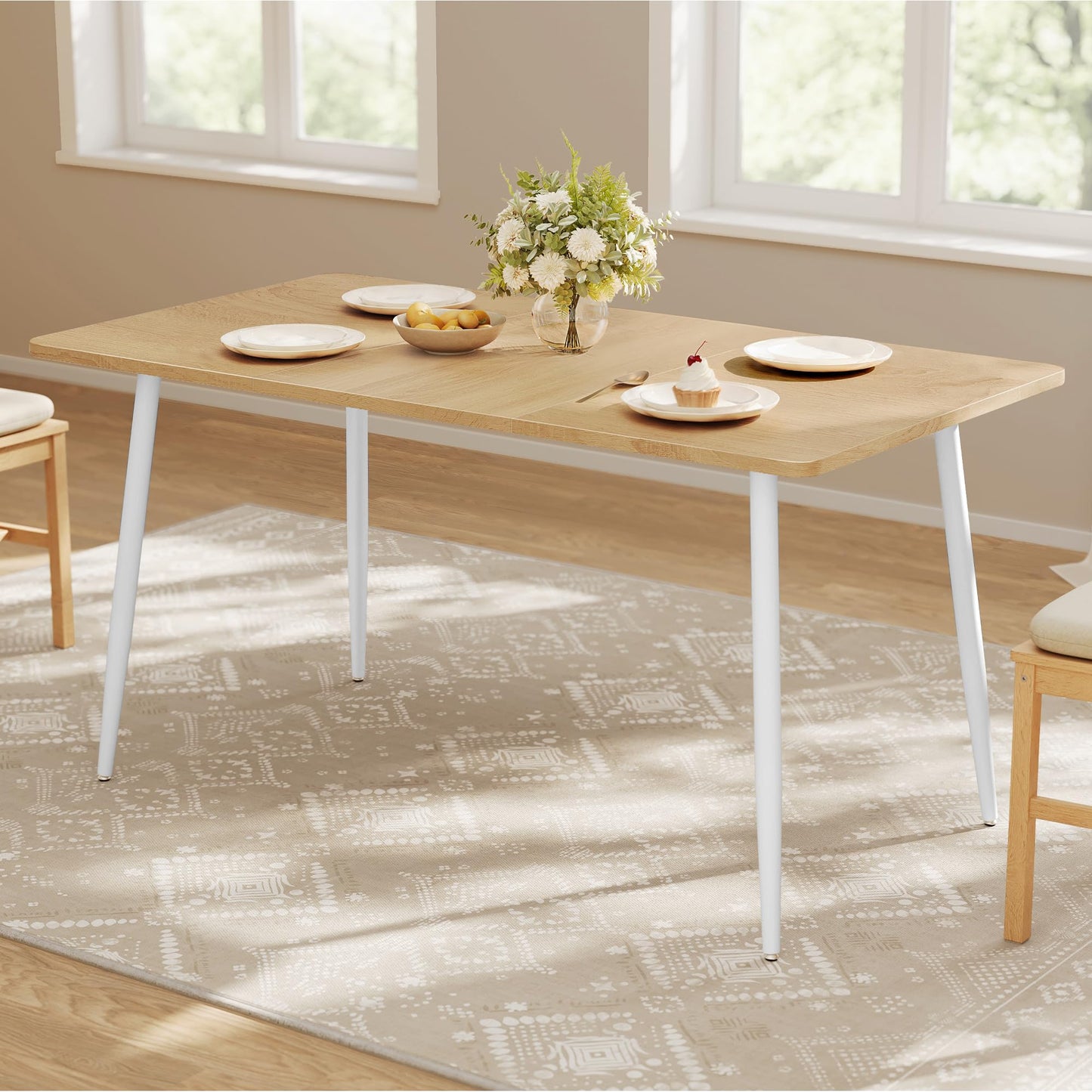 VASAGLE 55.1" Dining Table for 4-6 People, Modern Kitchen Table, Heat-Resistant Tabletop, Quick Assembly, for Dining Room, Golden Oak and Cloud White, Island Collection UKDT100N01V2