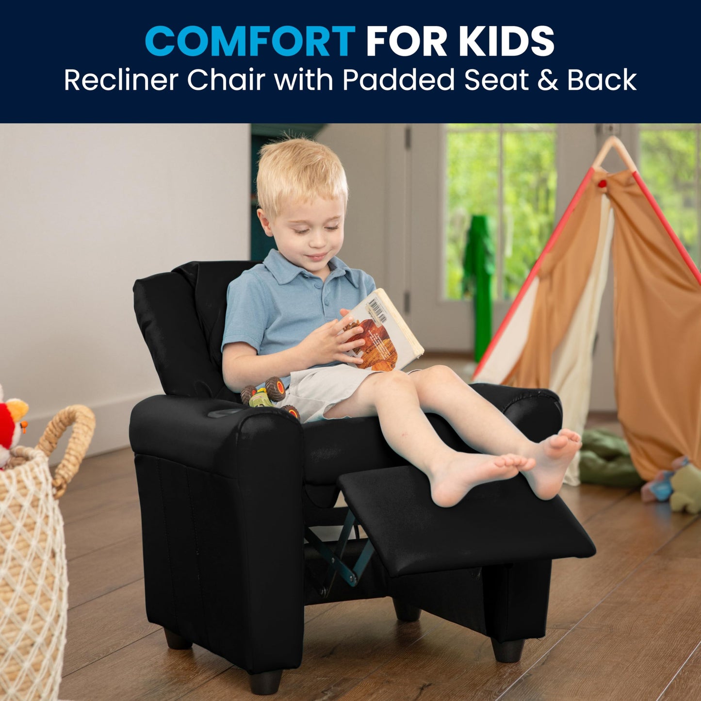 Flash Furniture Vana LeatherSoft Kids Recliner with Cup Holder, Headrest, and Safety Recline, Contemporary Reclining Chair for Kids, Supports up to 90 lbs., Black