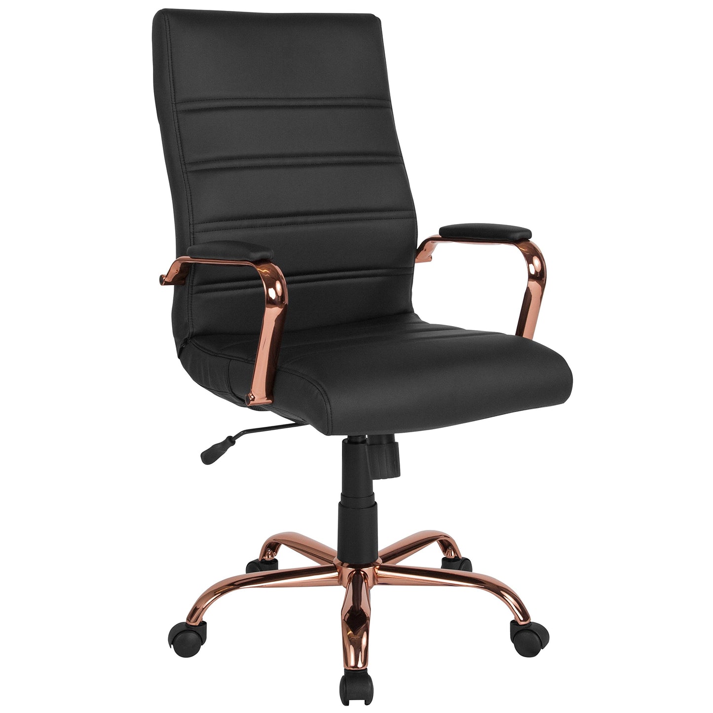 Flash Furniture Whitney High-Back Swivel LeatherSoft Desk Chair with Padded Seat and Armrests, Adjustable Height Padded Office Chair, Black/Rose Gold