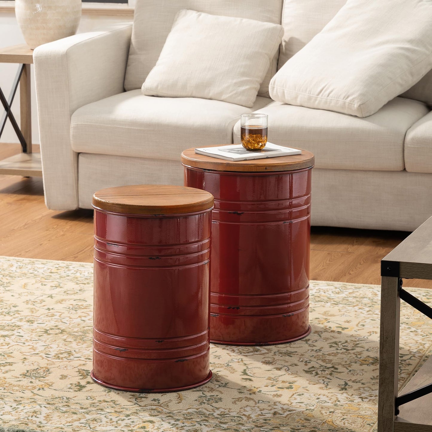 Glitzhome Rustic End Table Set of 2, Farmhouse Galvanized Metal Barrel Ottoman Storage Stool with Round Wood Lid for Living Room Furniture, Red