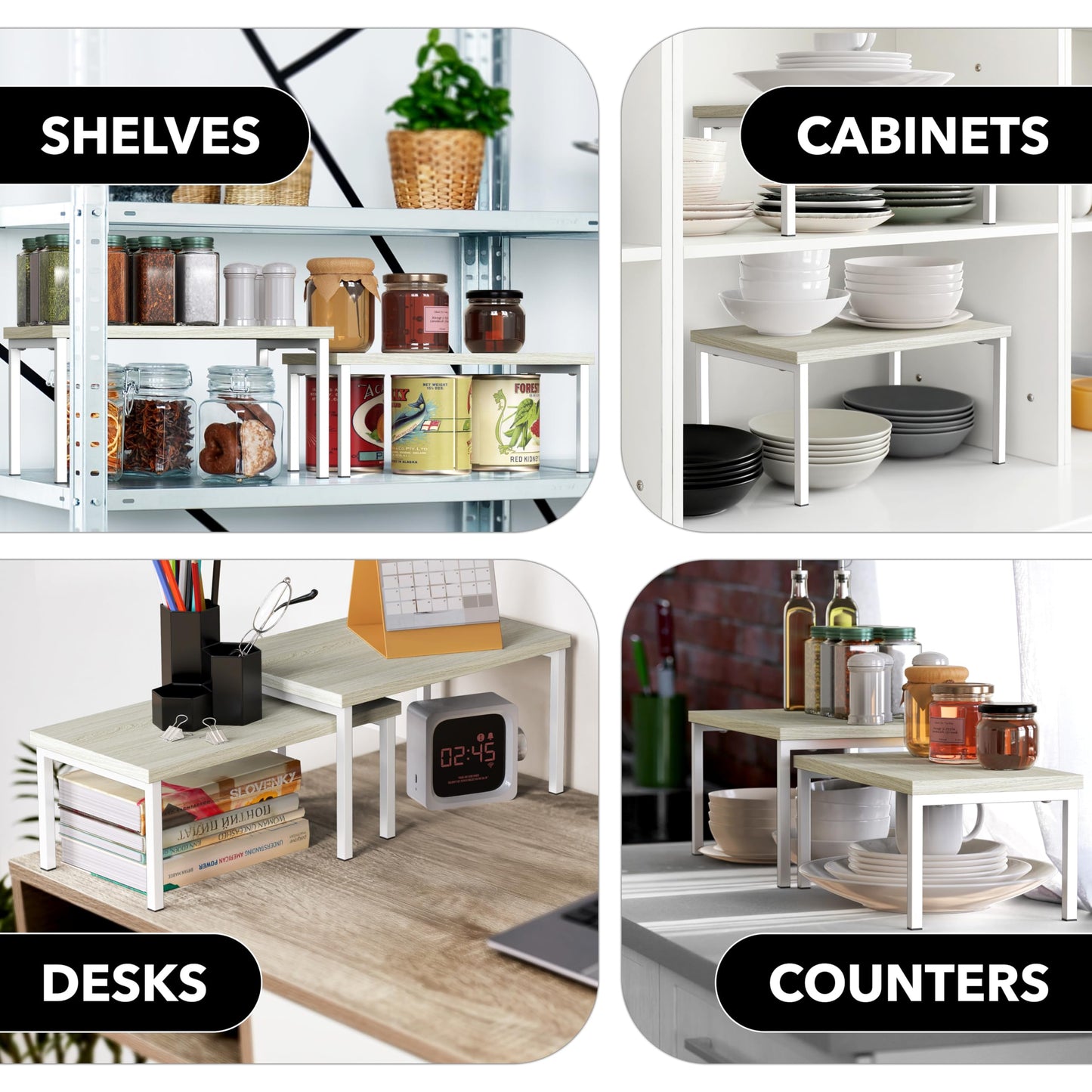 Simple Houseware Expandable Stackable Cabinet and Counter Shelf Organizer with Wooden Surface, 7.6'' D x 11.75'' W x 6.1'' H, Maple