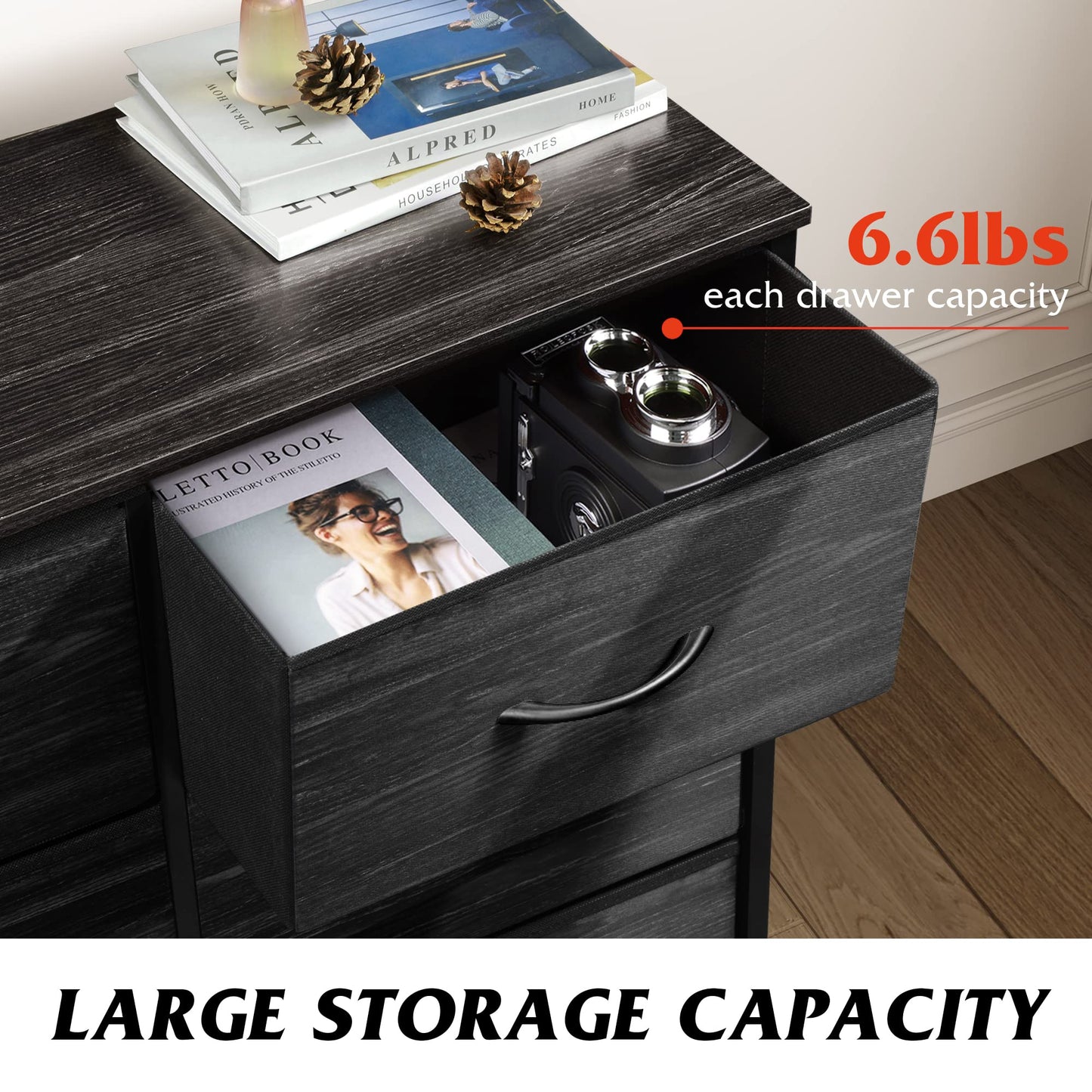 WLIVE Black Dresser for Bedroom, 6 Drawer Dresser, Storage Tower with Fabric Bins, Chest of Drawers for Closet, Living Room, Hallway