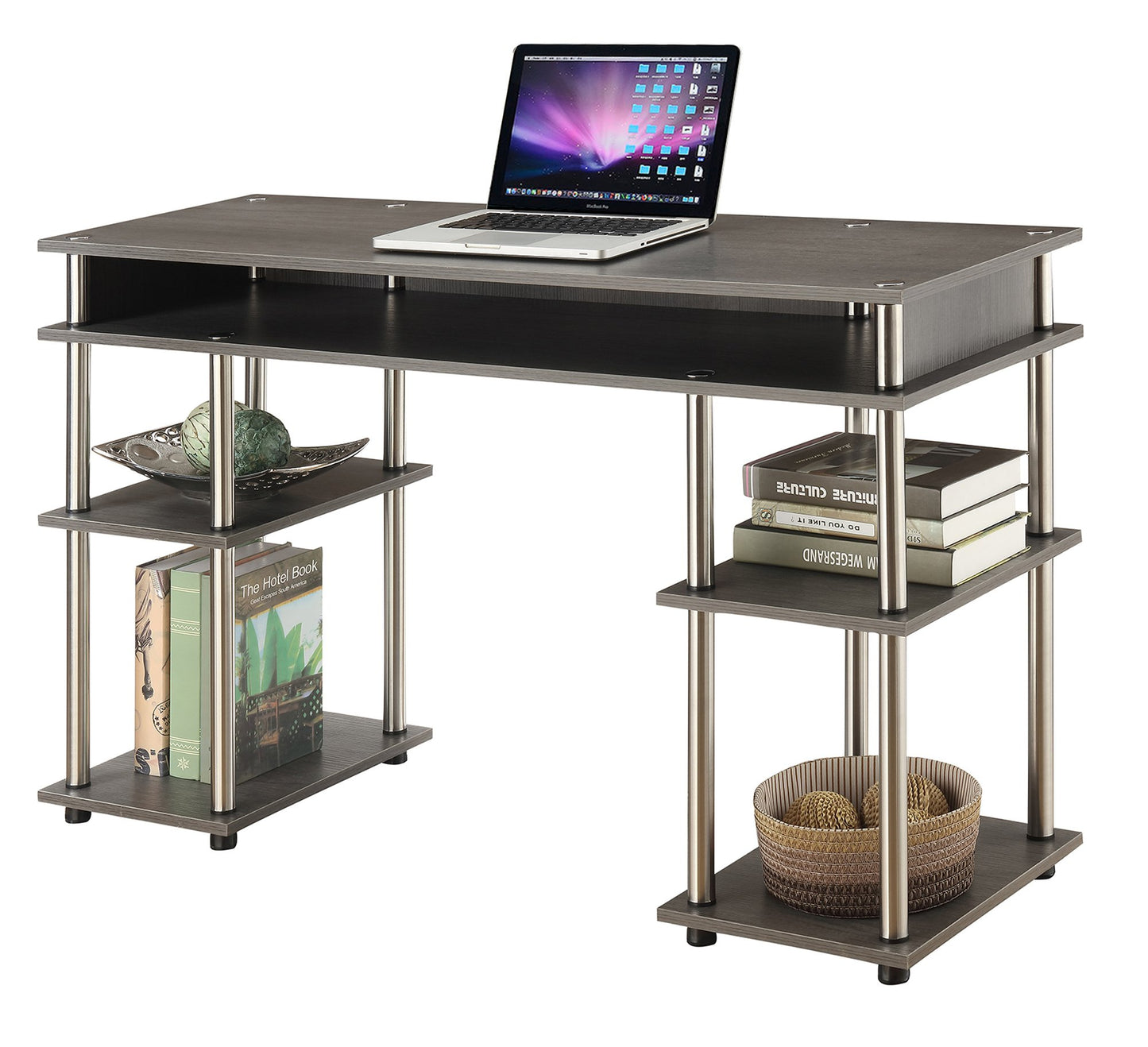 Convenience Concepts Designs2Go No Tools Desk Home Office Desk with Shelves, Corner Shelf Vanity Desk Computer Desk Nail Table for Nail Tech - 47.25" L x 15.75" W x 30" H, Charcoal Gray