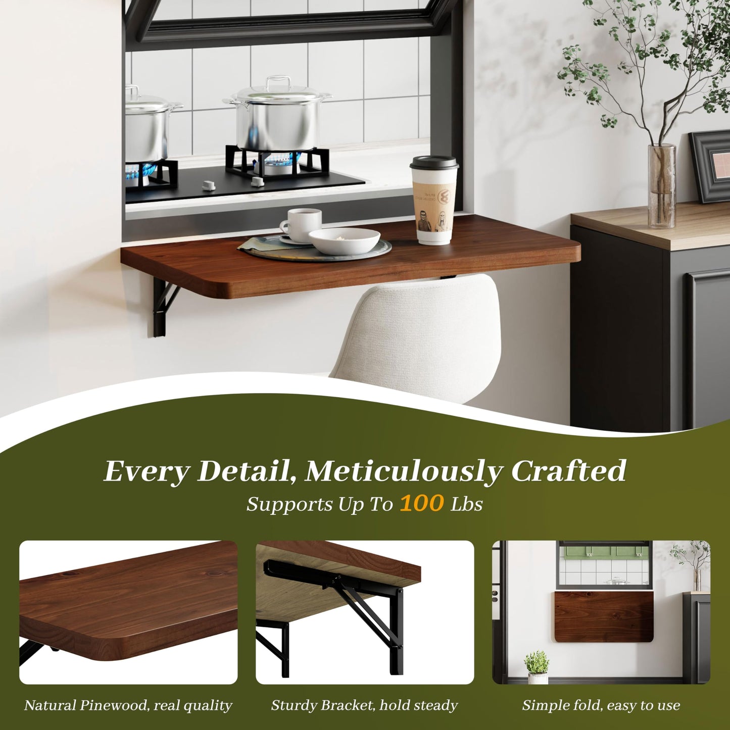 Dogsky Floating Wall Desk, 24" x 14" Wall Mounted Folding Table, Pine Wood Fold Down Wall Table, 100 lb Capacity Wall Mount Desk for Small Apartment, Laundry Room,Kitchen,Bar & Computer, Walnut