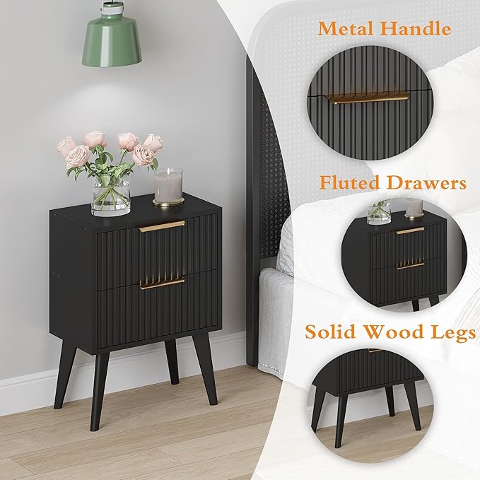 YAUKOMEL Small Black Night Stand, Mid Century Modern Bedside Table, Nightstand
