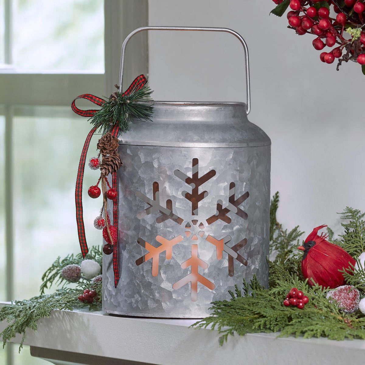 Snowflake Silver Tone 7 x 5 Galvanized Iron Holiday LED Pillar Candle Lantern